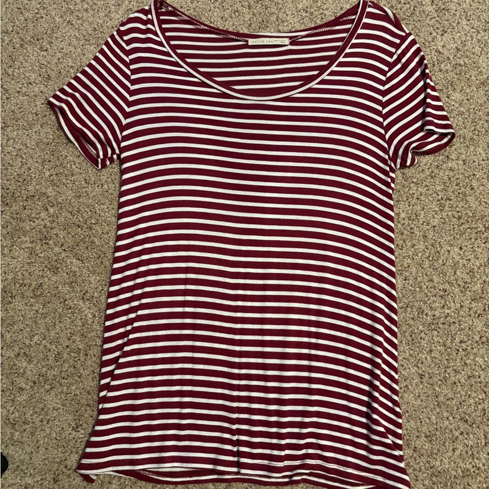 Maroon and white striped shirt